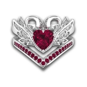 Sterling Silver Ruby Swan Wedding Set